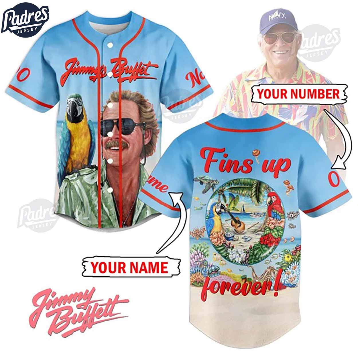 Custom Jimmy Buffett Fins Up Forever Baseball Jersey - Padres Jersey Oasis: Elevate Your Baseball Style Game