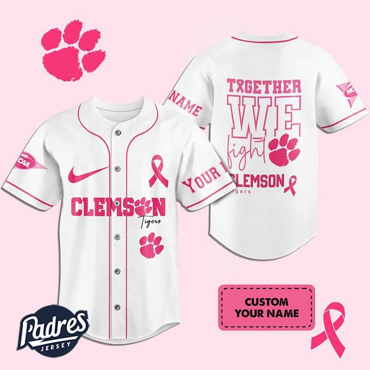 Custom NCAA Clemson Tigers Breast Cancer Baseball Jersey - Padres Jersey Oasis: Elevate Your Baseball Style Game