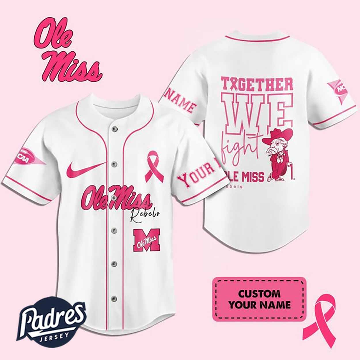 Custom NCAA Ole Miss Rebels Breast Cancer Baseball Jersey - Padres Jersey Oasis: Elevate Your Baseball Style Game
