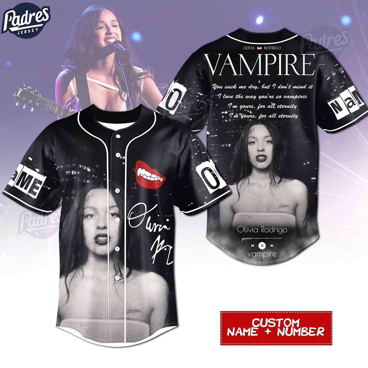 Custom Olivia Rodrigo Vampire Black Baseball Jersey - Padres Jersey Oasis: Elevate Your Baseball Style Game