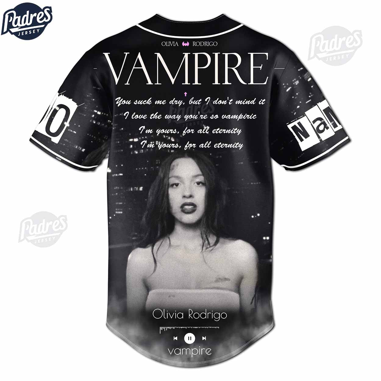 Custom Olivia Rodrigo Vampire Black Baseball Jersey - Padres Jersey Oasis: Elevate Your Baseball Style Game