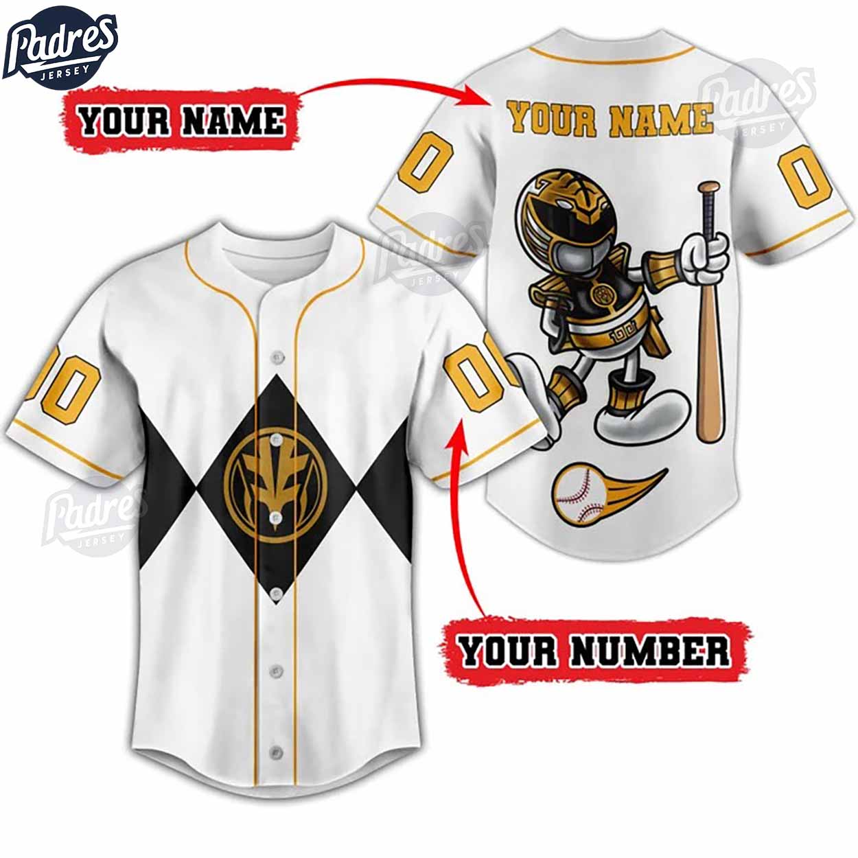 Custom Power Rangers White Ranger Baseball Jersey - Padres Jersey Oasis: Elevate Your Baseball Style Game