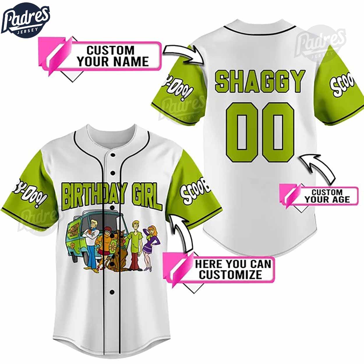 Custom Scooby Boo Happy Birthday Girl Baseball Jersey - Padres Jersey Oasis: Elevate Your Baseball Style Game