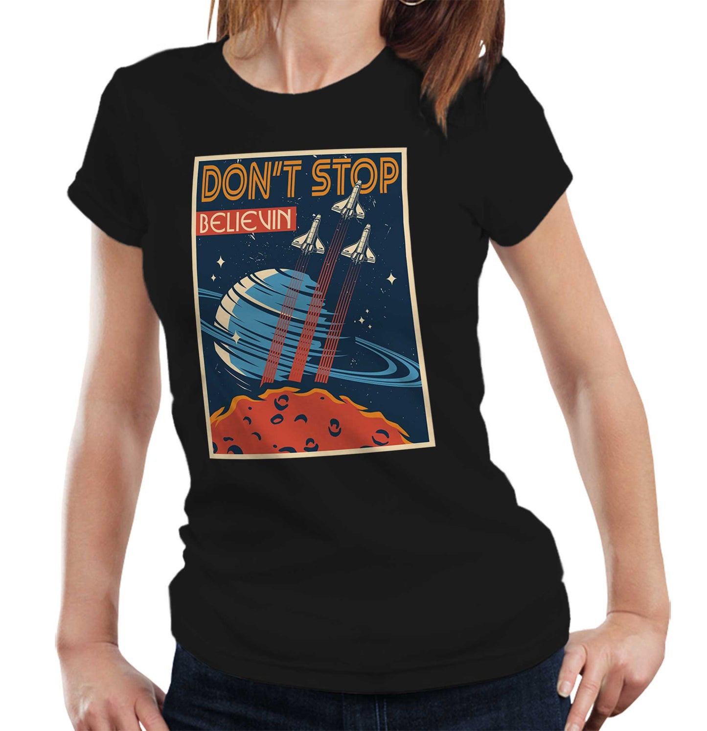 DonÃ¢â‚¬â„¢t Stop Believing Lyric T Shirt Ladies