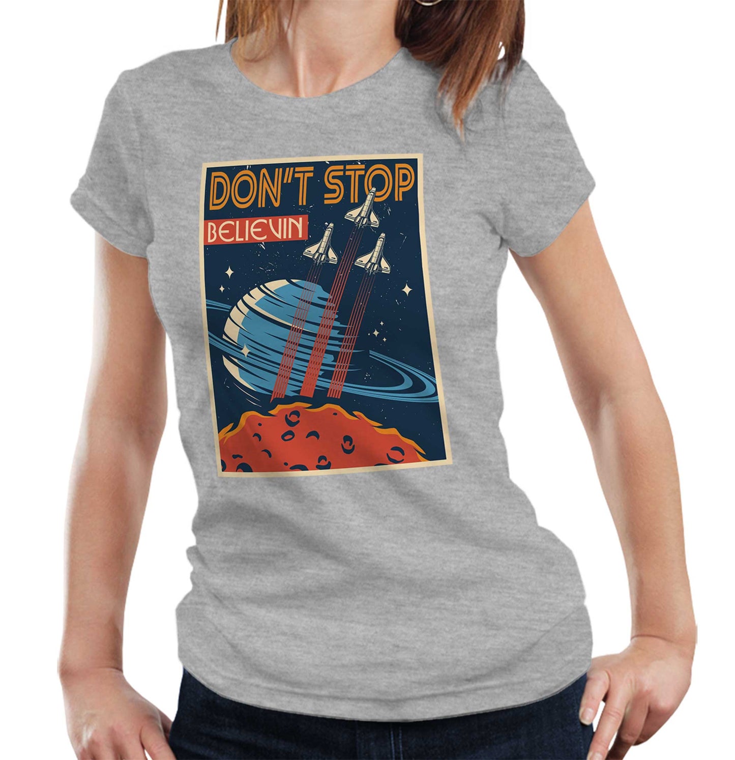 DonÃ¢â‚¬â„¢t Stop Believing Lyric T Shirt Ladies