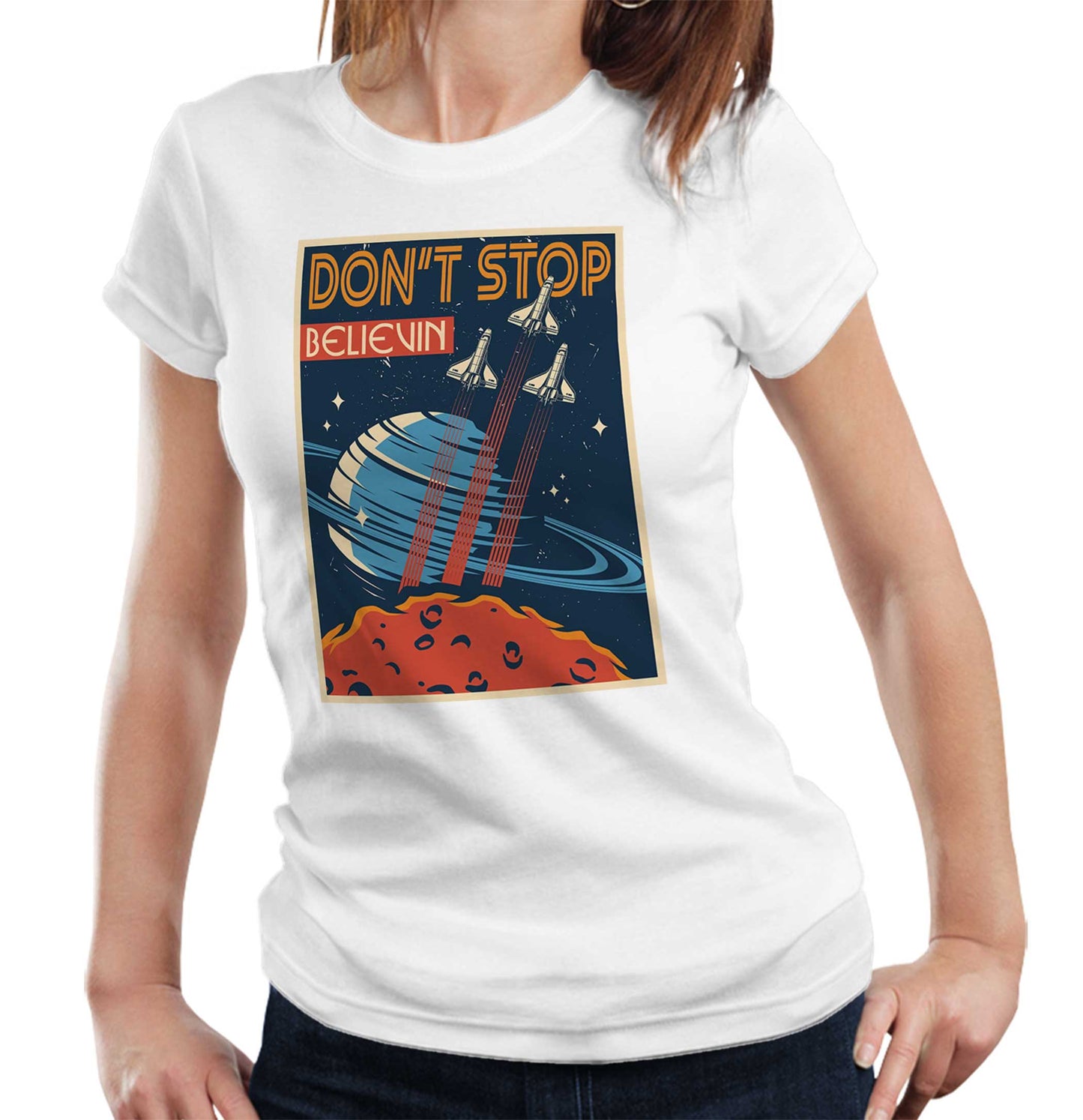 DonÃ¢â‚¬â„¢t Stop Believing Lyric T Shirt Ladies