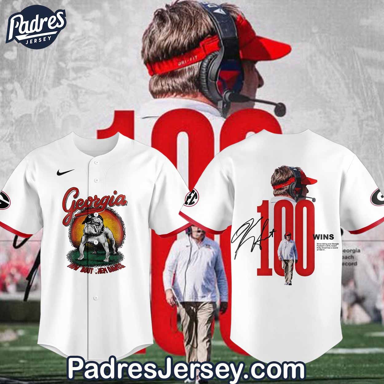 Georgia Bulldogs 100 Wins Since Taking Over Georgia Football Baseball Jersey Outfit - Padres Jersey Oasis: Elevate Your Baseball Style Game
