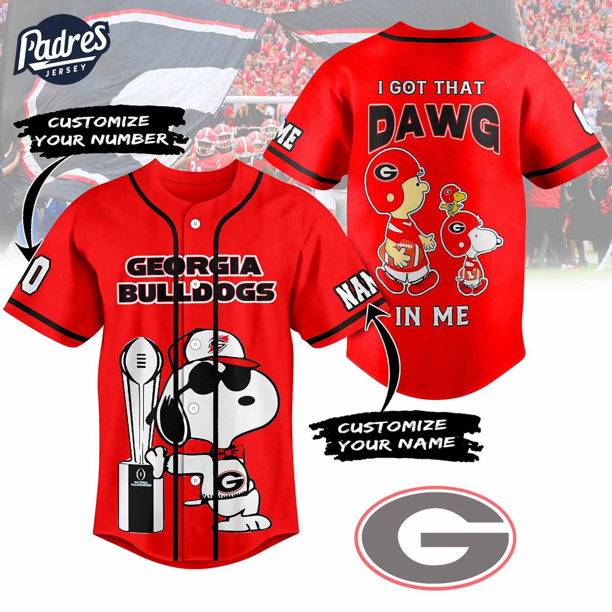 Georgia Bulldogs Snoopy Football Baseball Jersey - Padres Jersey Oasis: Elevate Your Baseball Style Game