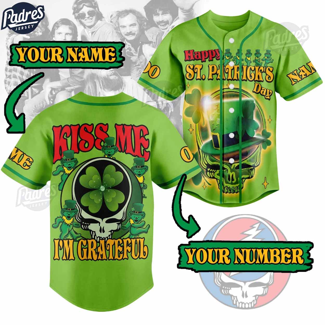 Grateful Dead Happy St.Patrick's Day Custom Baseball Jersey Style - Padres Jersey Oasis: Elevate Your Baseball Style Game