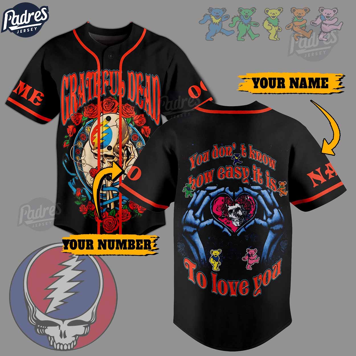 Grateful Dead Rose Custom Black Baseball Jersey - Padres Jersey Oasis: Elevate Your Baseball Style Game