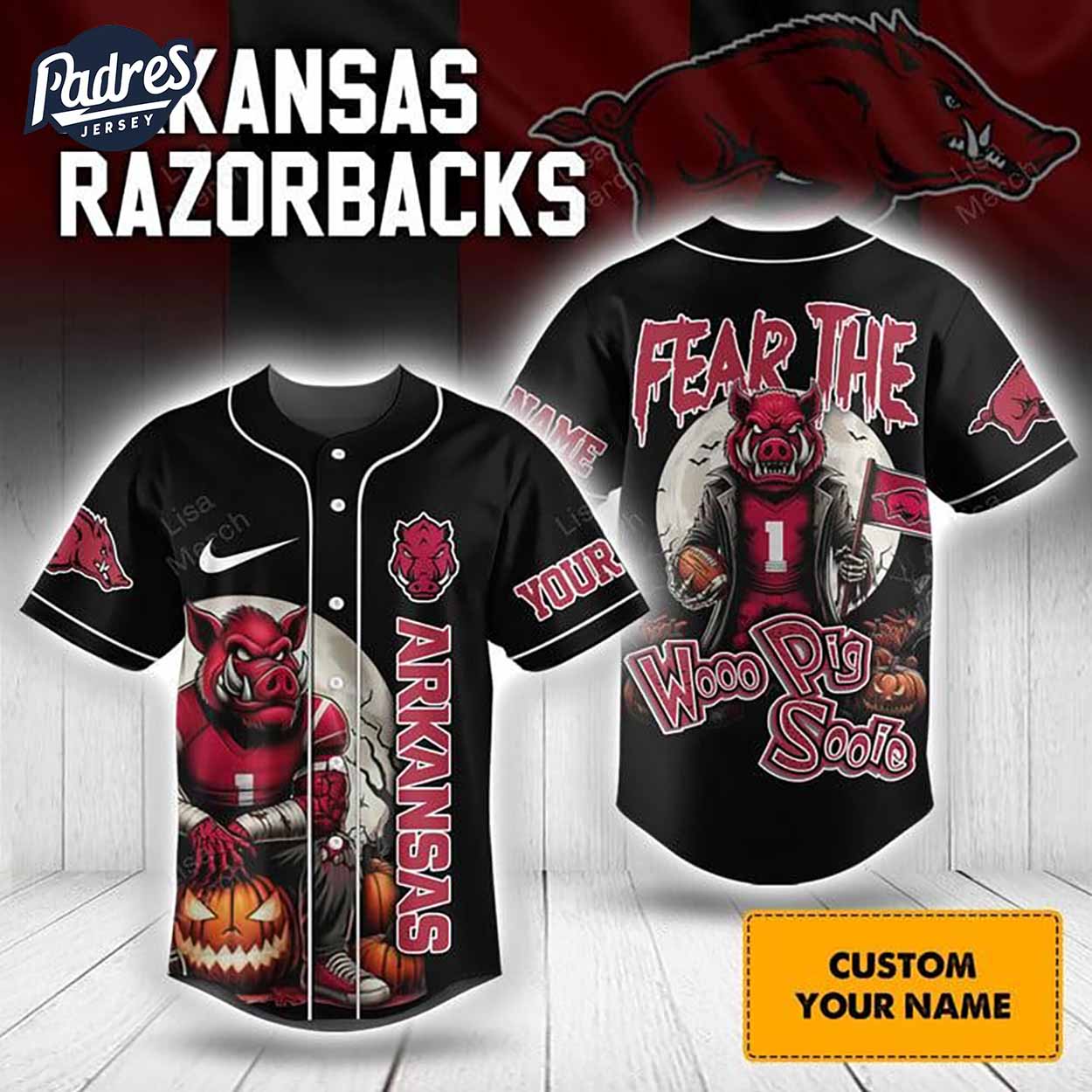 Halloween Arkansas Razorbacks Fear The Woo Pig Sooie Football Custom Baseball Jersey - Padres Jersey Oasis: Elevate Your Baseball Style Game