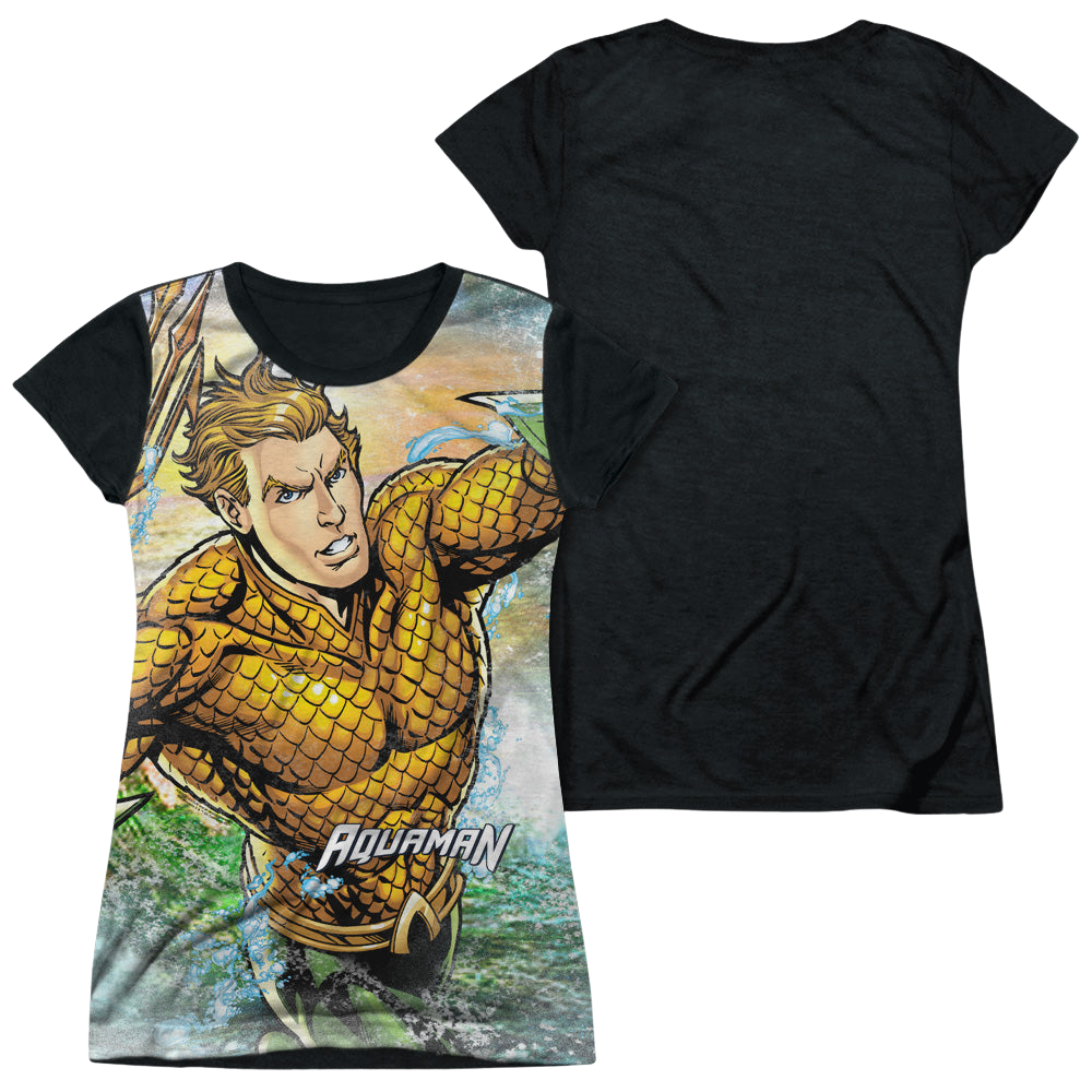 Aquaman Rough Seas - Juniors Black Back T-Shirt