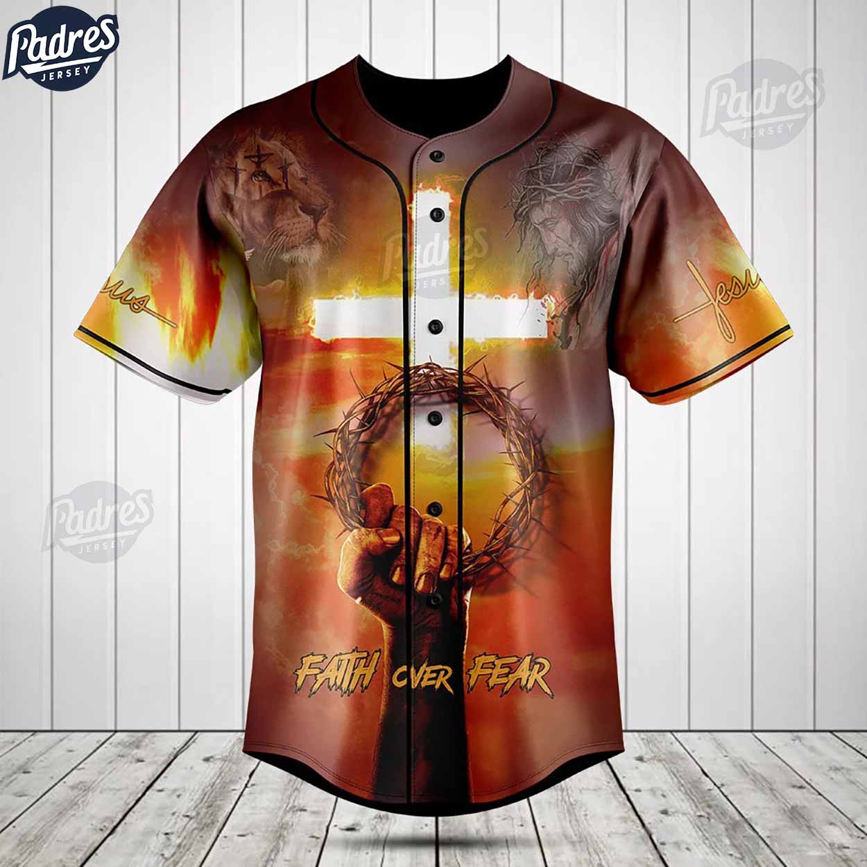 Jesus And Lion Faith Over Fear Baseball Jersey For You - Padres Jersey Oasis: Elevate Your Baseball Style Game