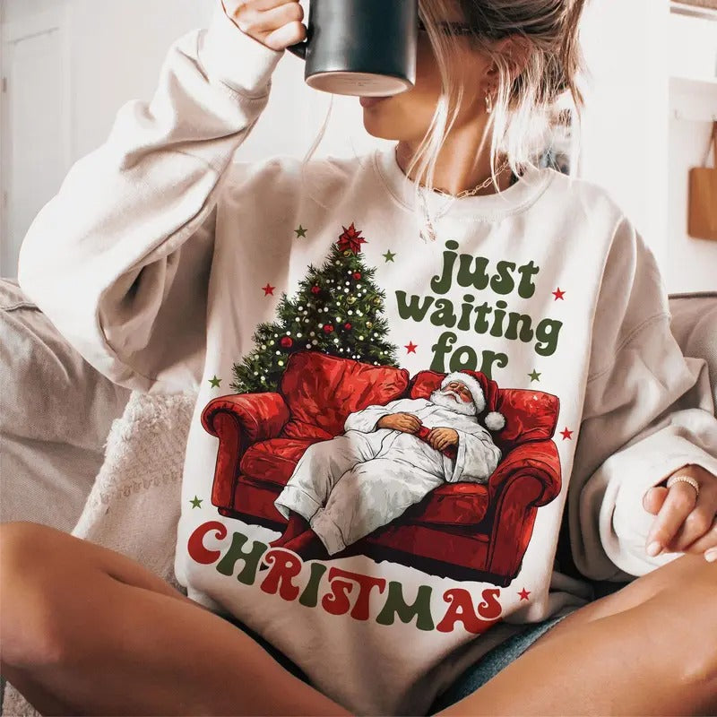Just Waiting For Christmas Sweatshirt, Santa Claus Sweatshirt, Retro Christmas, Merry Christmas Sweatshirt, Gift Ideas, Holiday