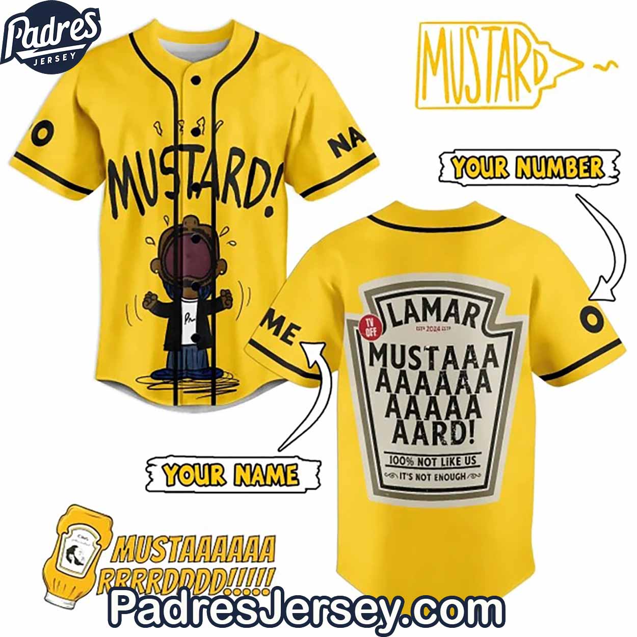 Kendrick Lamar Mustard Baseball Jersey Outfit - Custom Name - Padres Jersey Oasis: Elevate Your Baseball Style Game