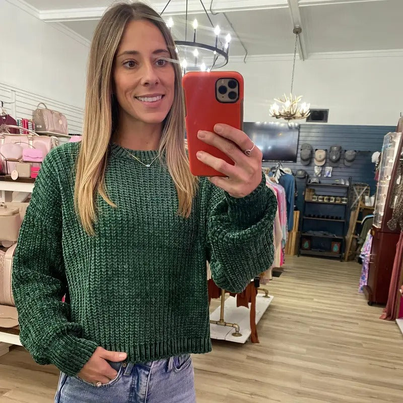 Knitted Semi Cropped Sweater In Dark Green