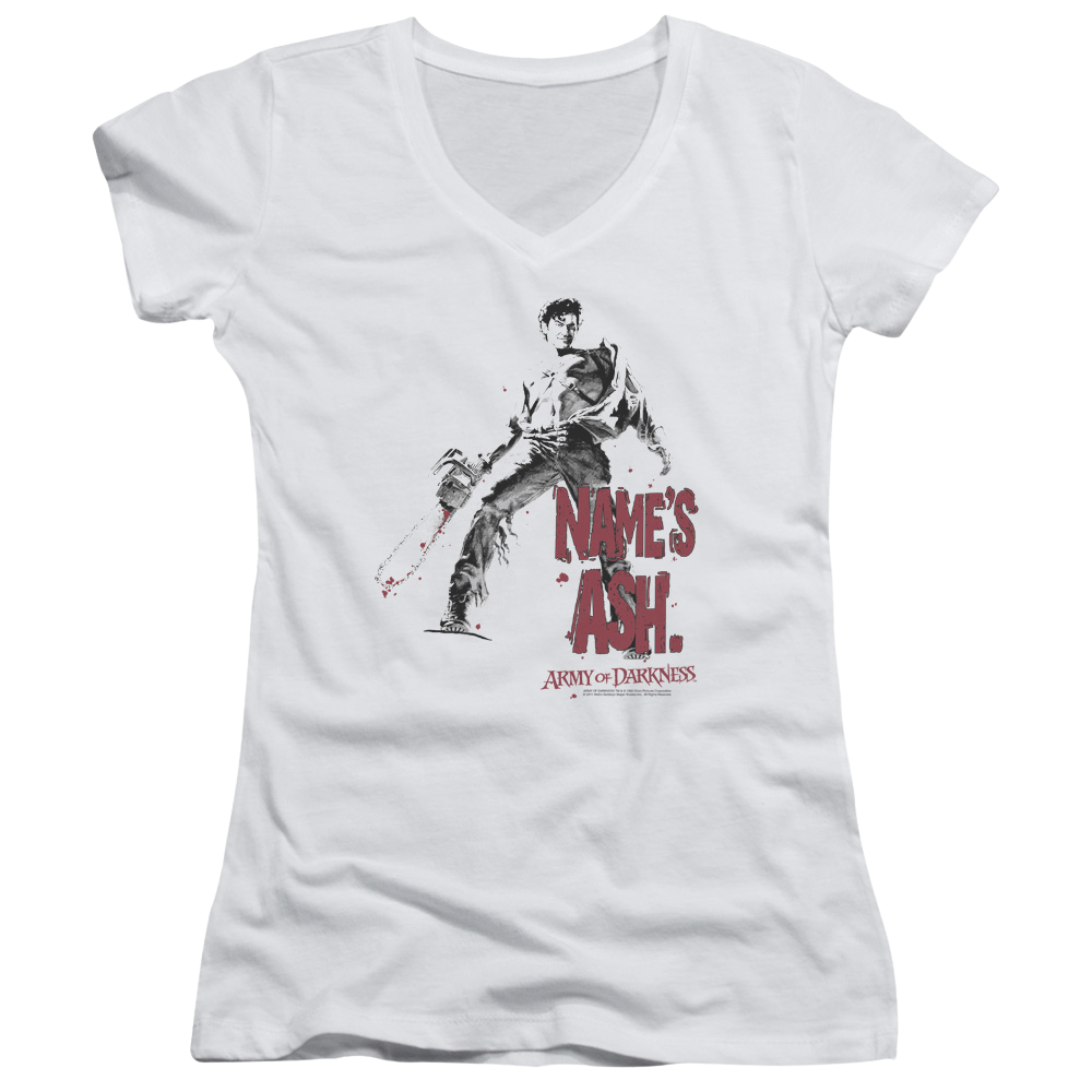 Army Of Darkness Names Ash - Juniors V-Neck T-Shirt