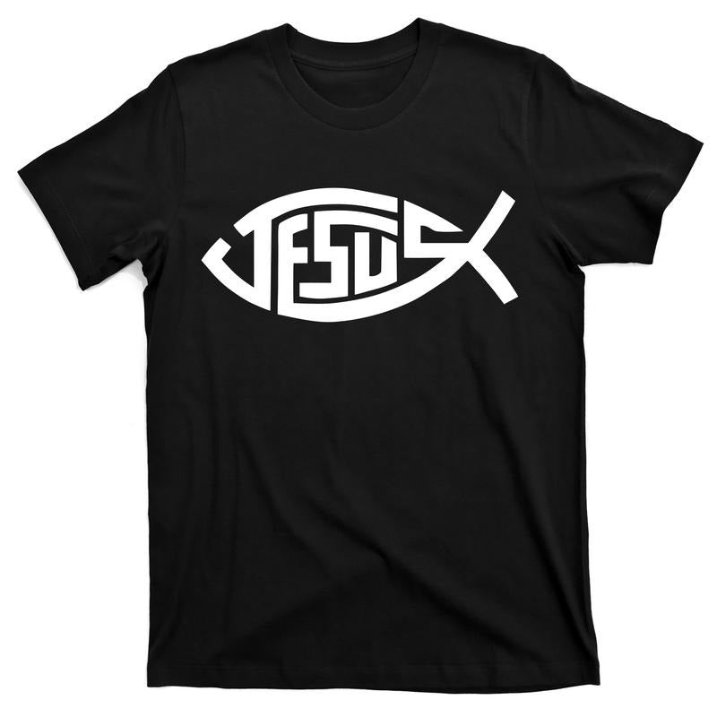 Man's Casual Jesus Fish Logo Tshirt with Round Neck, Short Sleeves