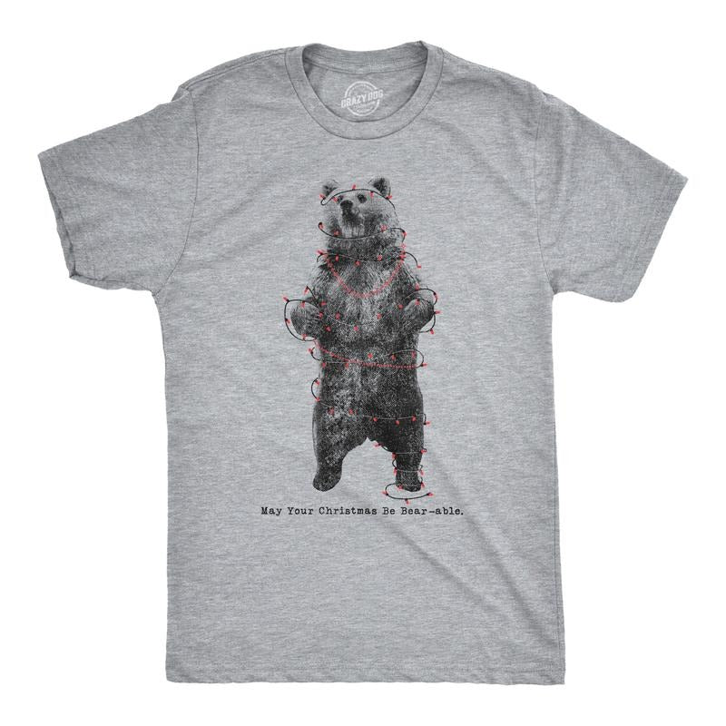 Mens May Your Christmas Be Bearable T Shirt Funny Holiday Lights Tee For Guys Mens Funny T Shirts Cool Tees Soft Stylish Casual Menswear Christmas Apparel for Men Novelty Tees for Guys Light Grey