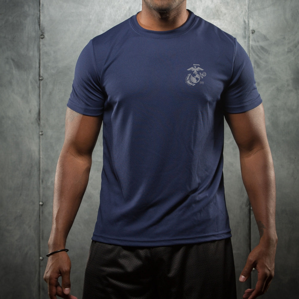 Navy Left Chest Eagle, Globe, and Anchor Established Performance T-Shirt- Grey Logo
