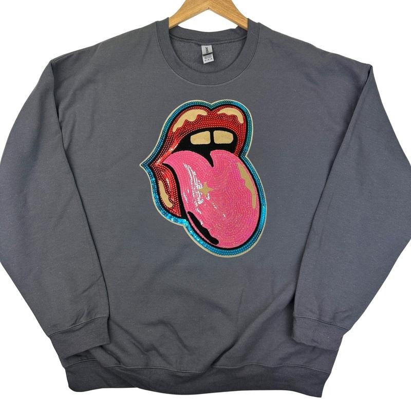 Mouth Sequin Patch Gildan Sweatshirt