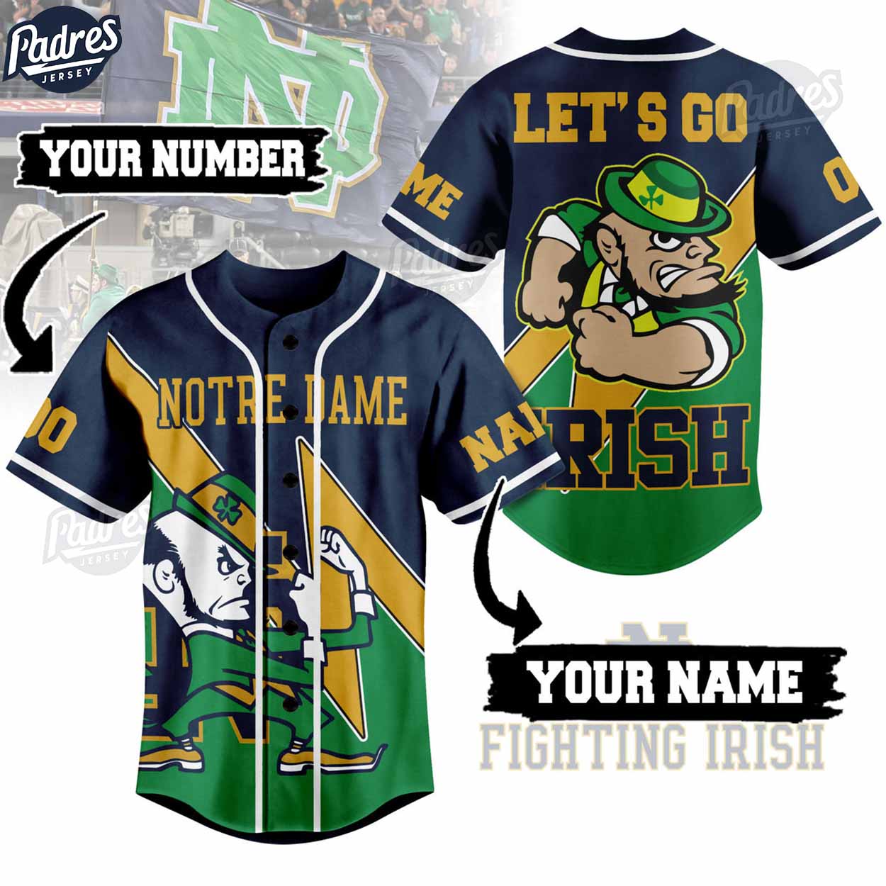 Notre Dame Let's Go Irish Football Custom Baseball Jersey - Padres Jersey Oasis: Elevate Your Baseball Style Game