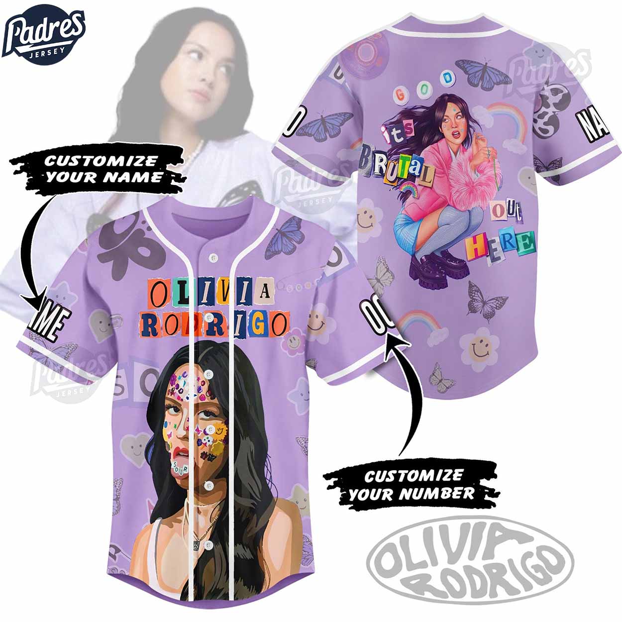 Olivia Rodrigo It's Brutal Out Here Custom Baseball Jersey Style - Padres Jersey Oasis: Elevate Your Baseball Style Game