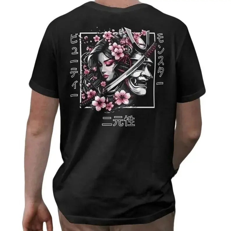 Oni Samurai & Geisha Tee, Sakura Cherry Blossom Tee, Harajuku Style