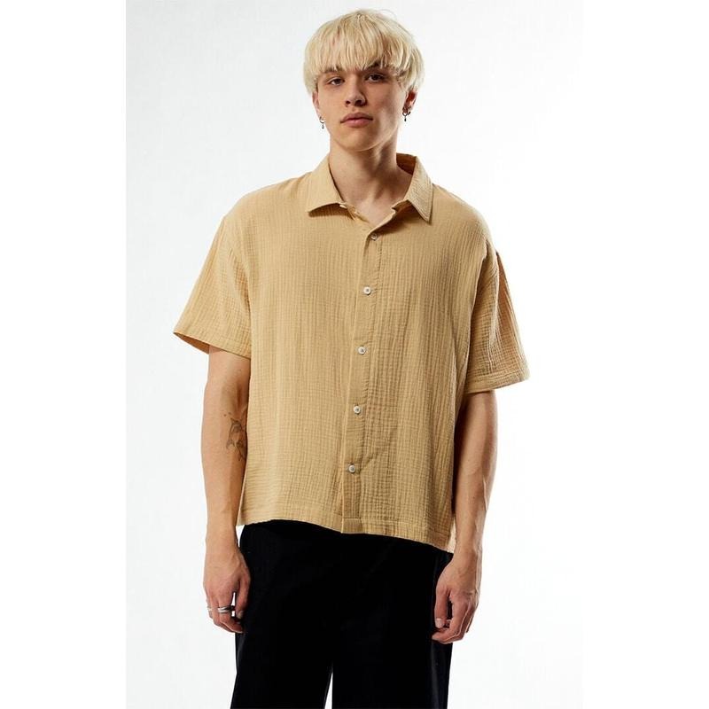 Pacsun Men's Tan Cropped Boxy Gauze Camp Shirt