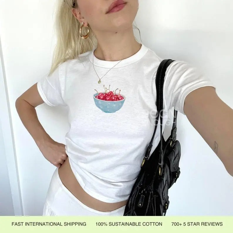Painted Blue Bowl of Cherries 90s Baby Tee Cotton Fashion Womenswear