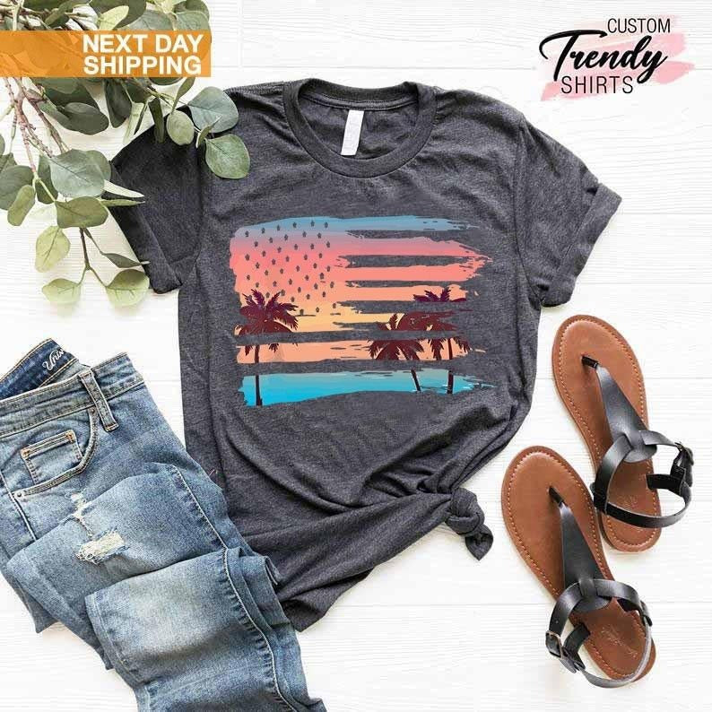 Patriotic Beach Shirt, American Flag Shirt, Summer Shirt for American Women and Men, Beach Vacation Shirt, Summer Vacation Shirt Gift