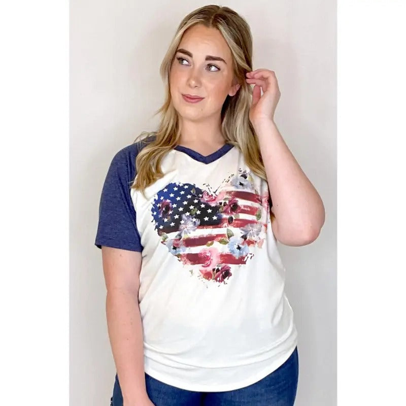 Patriotic Floral Heart V-Neck Cotton Fabric