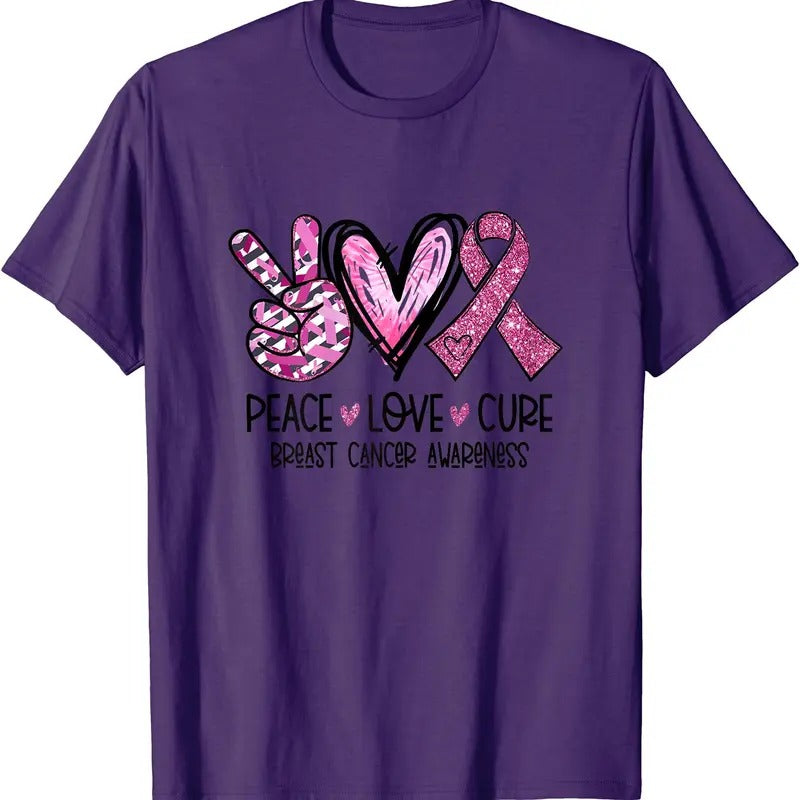 Peace Love Cure Pink Ribbon Cancer Breast Awareness T-Shirt | Unisex Cotton Tee, Short Sleeve, Size S-5XL