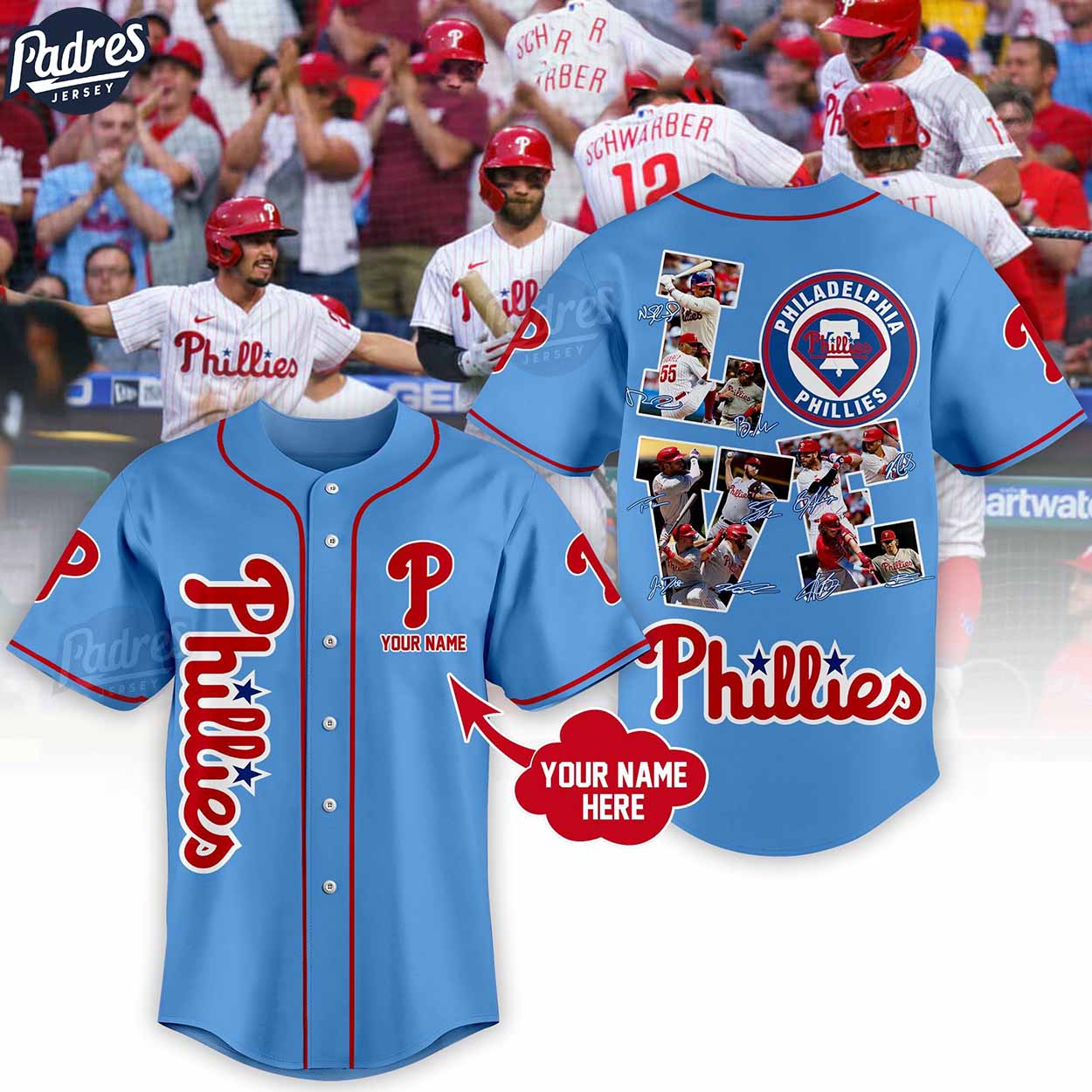 Philadelphia Phillies Love Team Light Blue Design Custom Baseball Jersey Style - Padres Jersey Oasis: Elevate Your Baseball Style Game