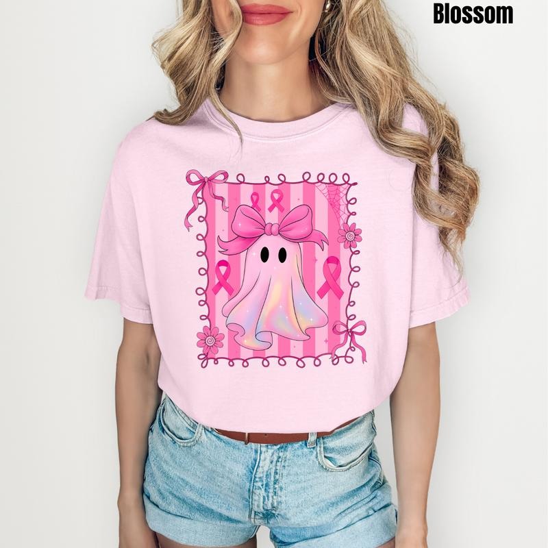 Pink Ribbon Stripe Ghost Comfort Colors T-Shirt 'NLB'