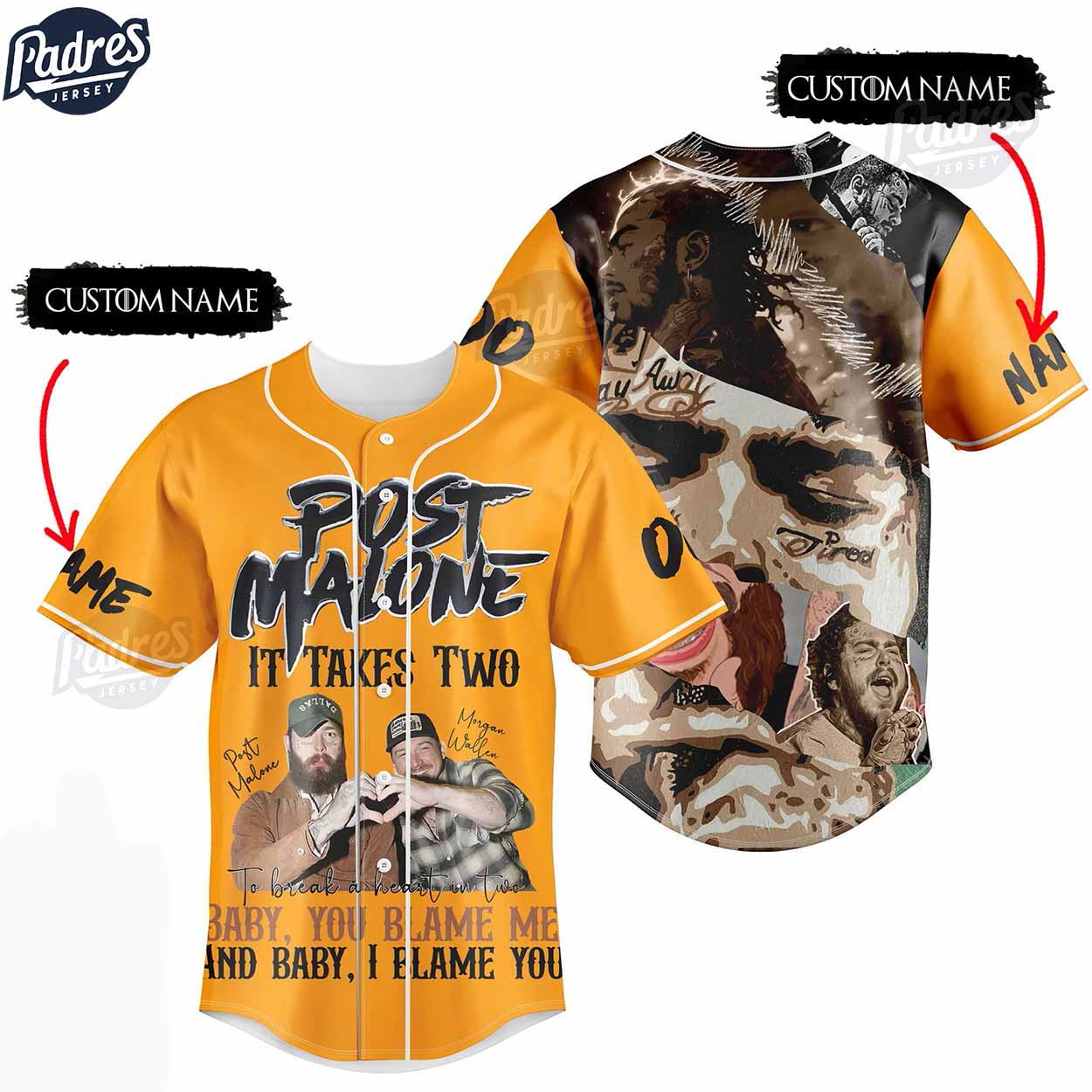 Post Malone It Takes Two To Break A Heart In Two Custom Baseball Jersey - Padres Jersey Oasis: Elevate Your Baseball Style Game