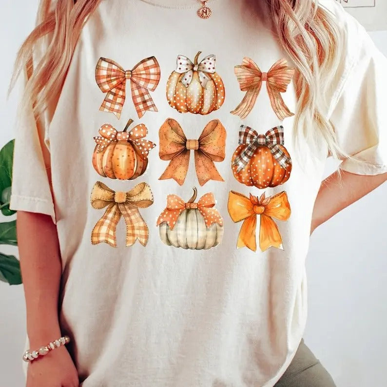 Retro Fall Pumpkin Bow Shirt, Fall Coquette Bow Sweatshirt, Autumn Pumpkin Tee, Fall T-Shirt , Autumn Design, Autumn Bow Shirts