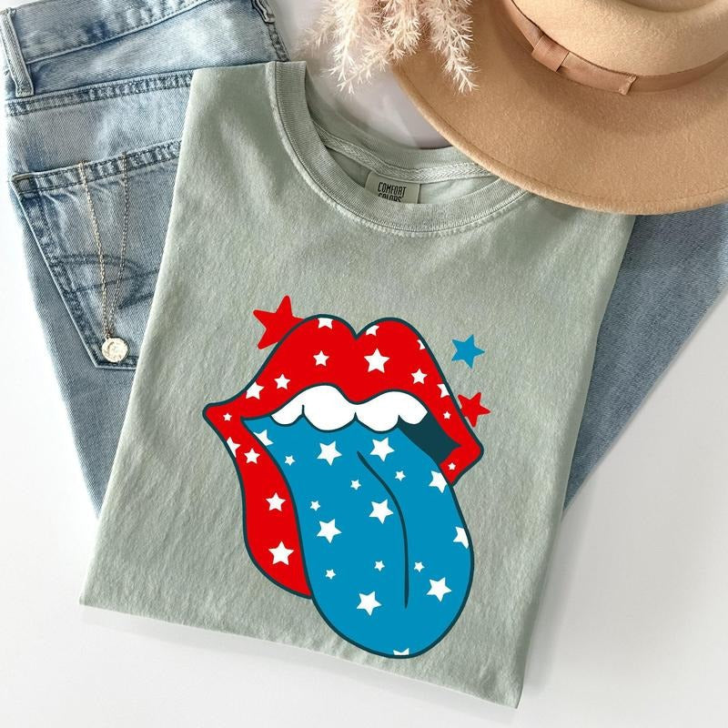 Retro Party In The USA, 4th of July Tongue Tshirt, Women's Crew Neck, Crewneck