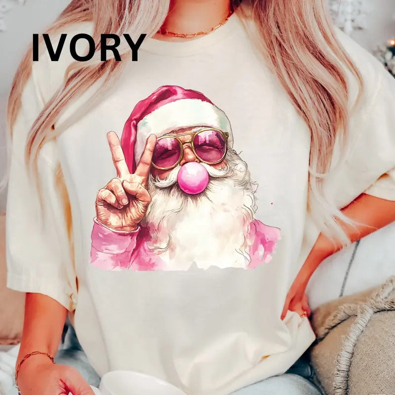 Santa Peace sign shirt Women's Oversized Christmas Shirt - Festive Printed Design - Cotton, Comfortable