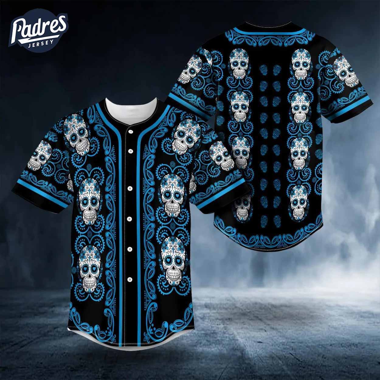 Sky Blue Baseball Jersey Featuring Doodle Floral Sugar Skull Design - Padres Jersey Oasis: Elevate Your Baseball Style Game