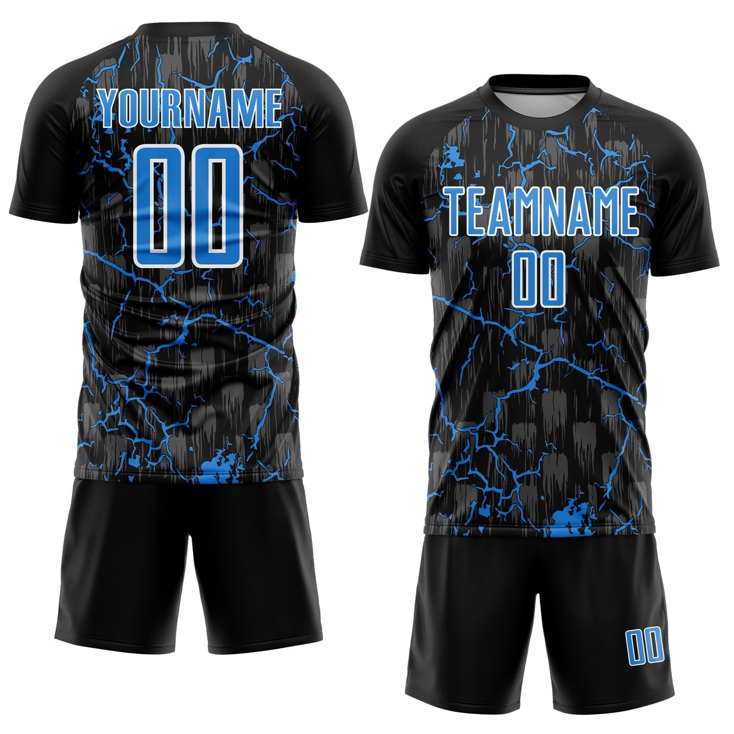 Custom Black Powder Blue-White Lightning Sublimation Soccer Uniform Jersey