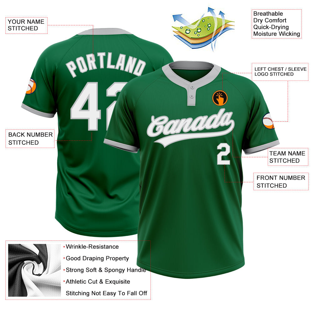 Custom Kelly Green White-Gray Two-Button Unisex Softball Jersey