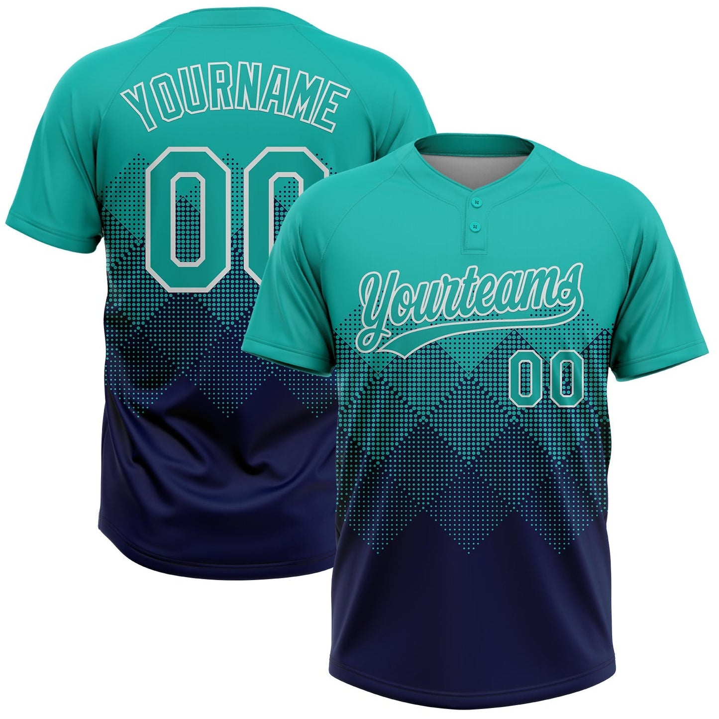 Custom Aqua Navy-White 3D Gradient Square Shape Two-Button Unisex Softball Jersey