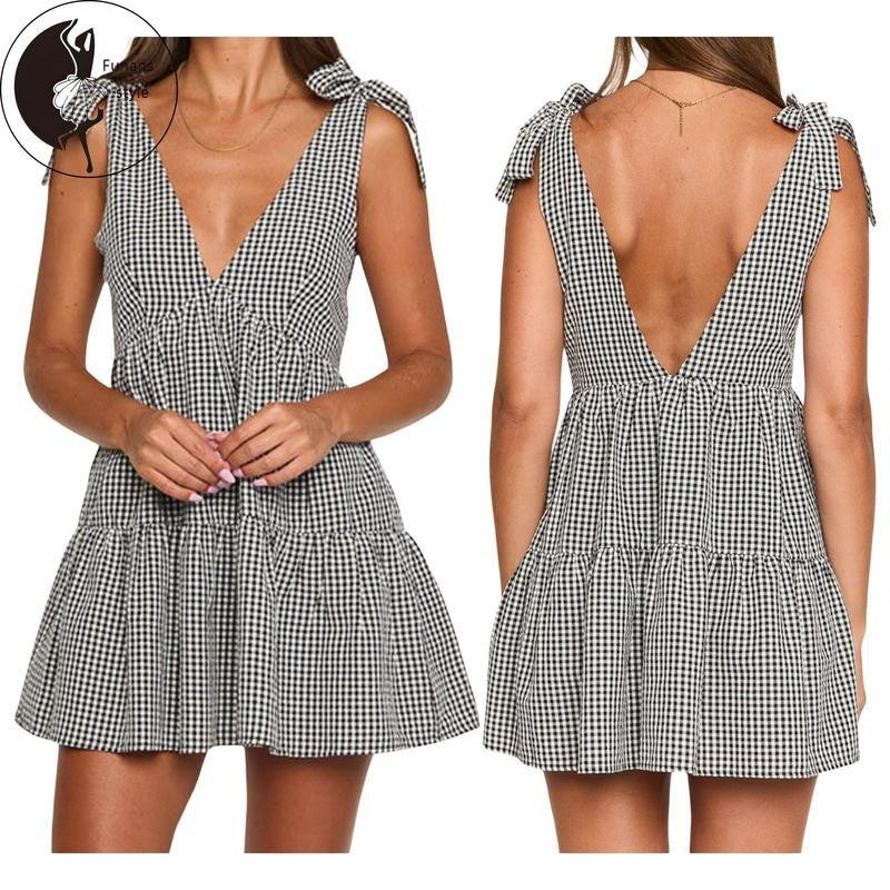 Women Summer Sleeveless Dress Casual Plaid Print/Solid Color Tie up Strap V-Neck Party Dress for Beach Club Streetwear