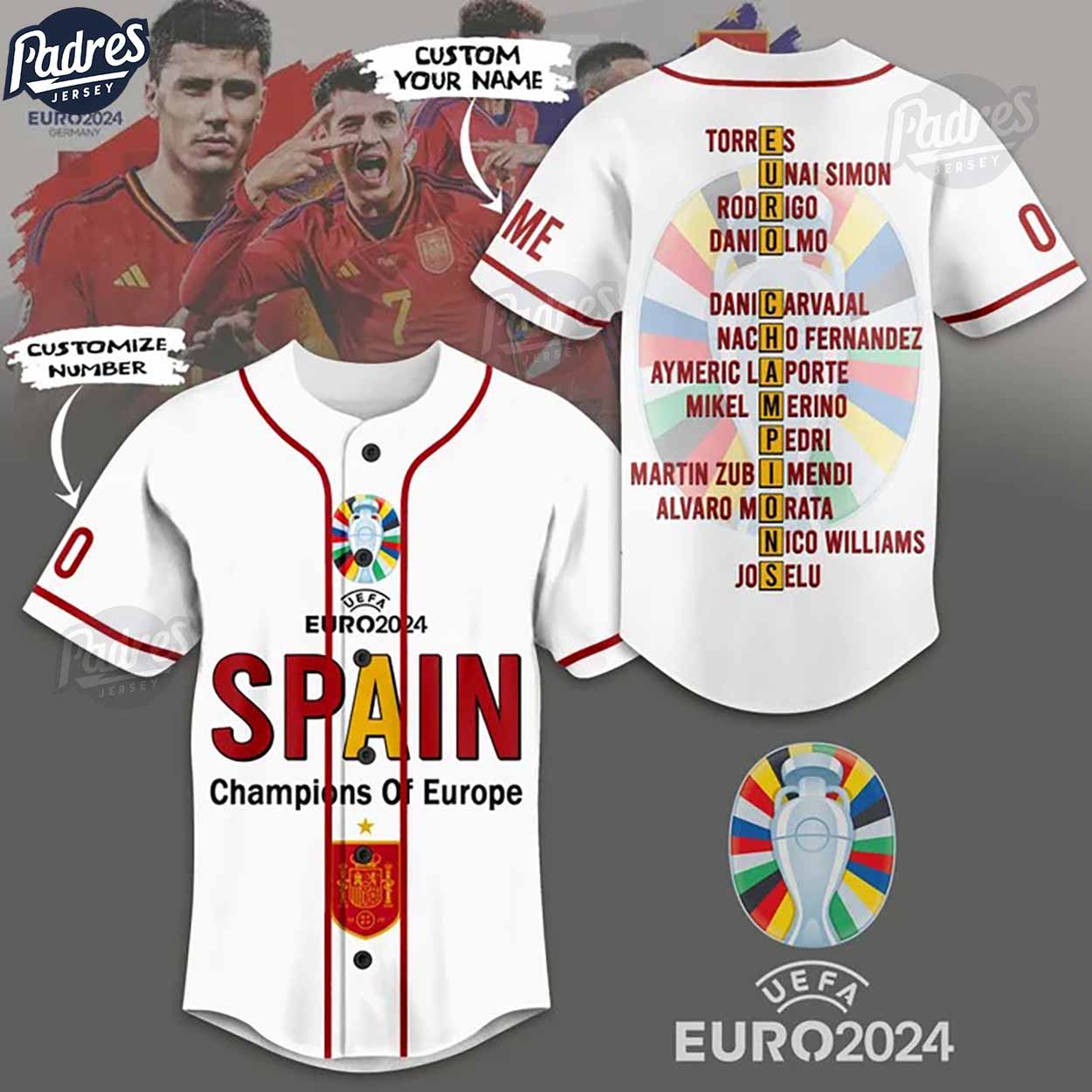 Spain 2024 Champions Of Europe Custom White Baseball Jersey - Padres Jersey Oasis: Elevate Your Baseball Style Game