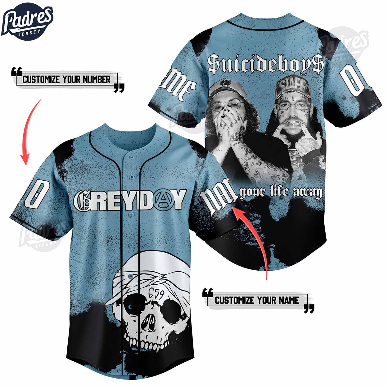 Suicideboys Grey Day Custom Baseball Jersey Style - Padres Jersey Oasis: Elevate Your Baseball Style Game