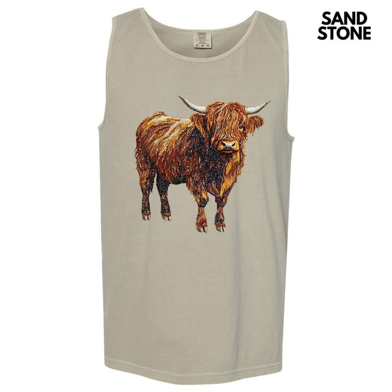 Tank Top - Highland Cow Faux Rhinestone Comfort Colors Tank Top