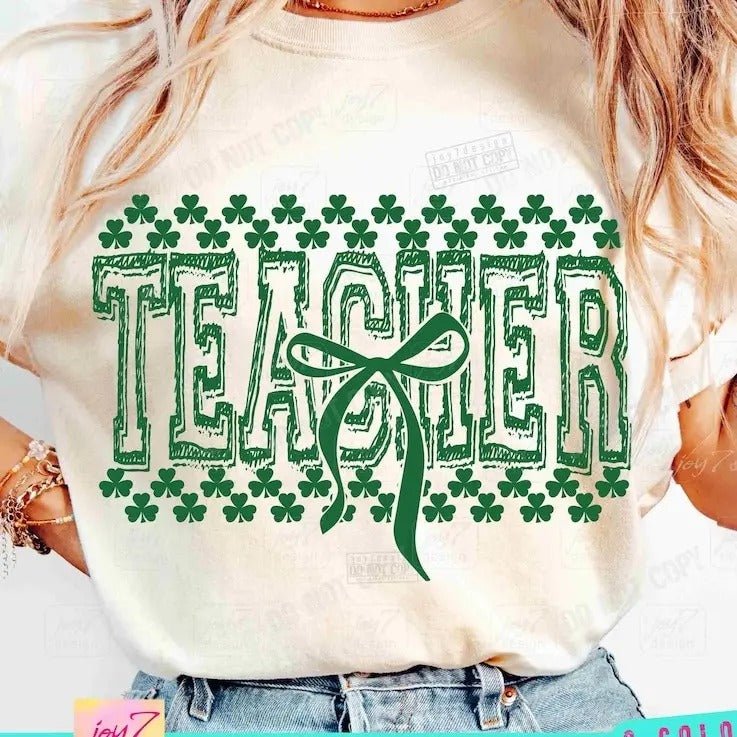 Teacher St Patricks tshirt-sweatshirt-hoodie, Teacher Varsity Shamrock Coquette St Patricks Day sweatshirt, Coquette Bow Patty's Day Retro Teacher St Patricks hoodie