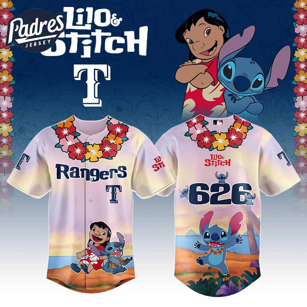 Texas Rangers MLB X Lilo Stitch Personalized Baseball Jersey - Padres Jersey Oasis: Elevate Your Baseball Style Game