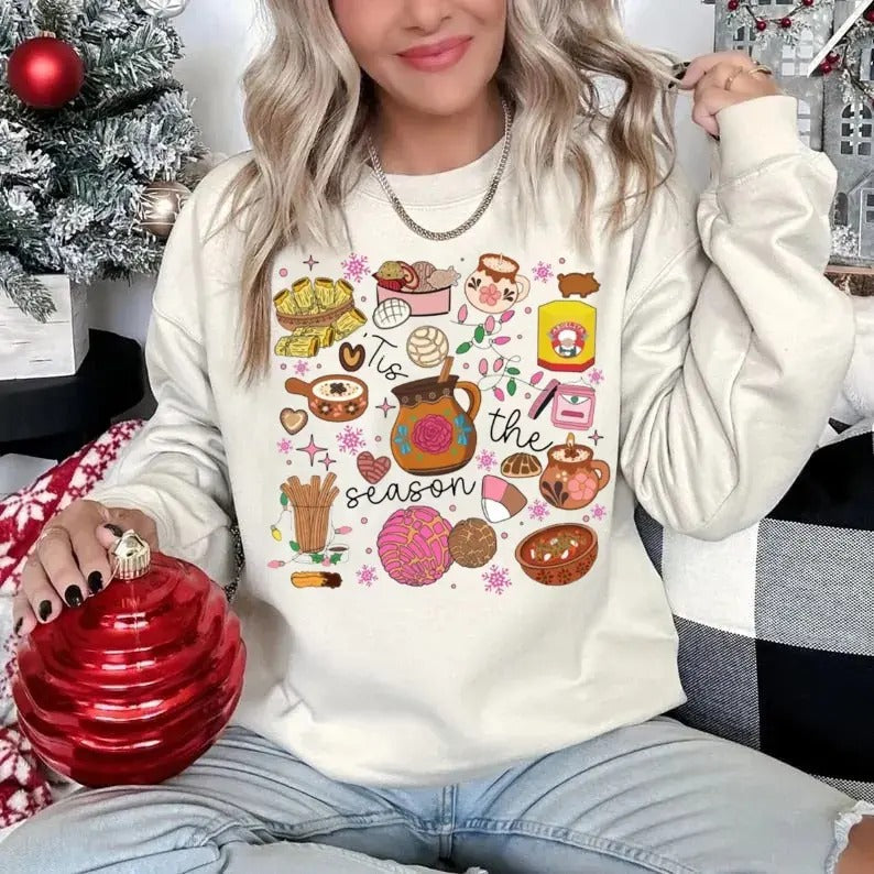 Tis The Season Tshirt Sweatshirt Hoodie, Mexican Christmas Shirt, Pan Dulce Sweatshirt, Mexican Party, Unisex Sweater Pullover Tee